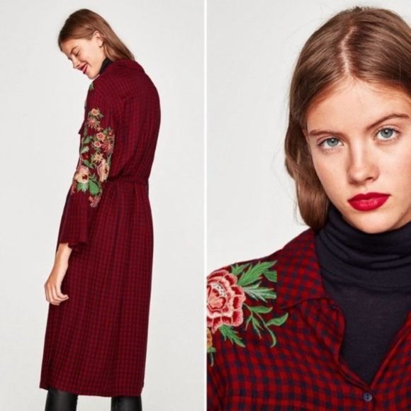 Zara trf Duster Tunic Dress Red Navy Plaid Embroidered Floral Belted size XS - Picture 13 of 14